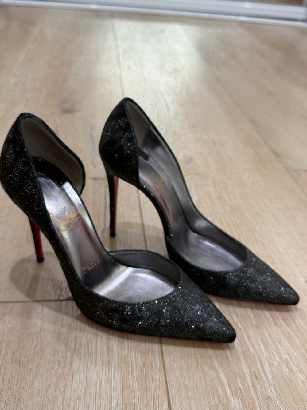 Christian Louboutin Black Glitter Pointed-Toe High Heels Red Bottom